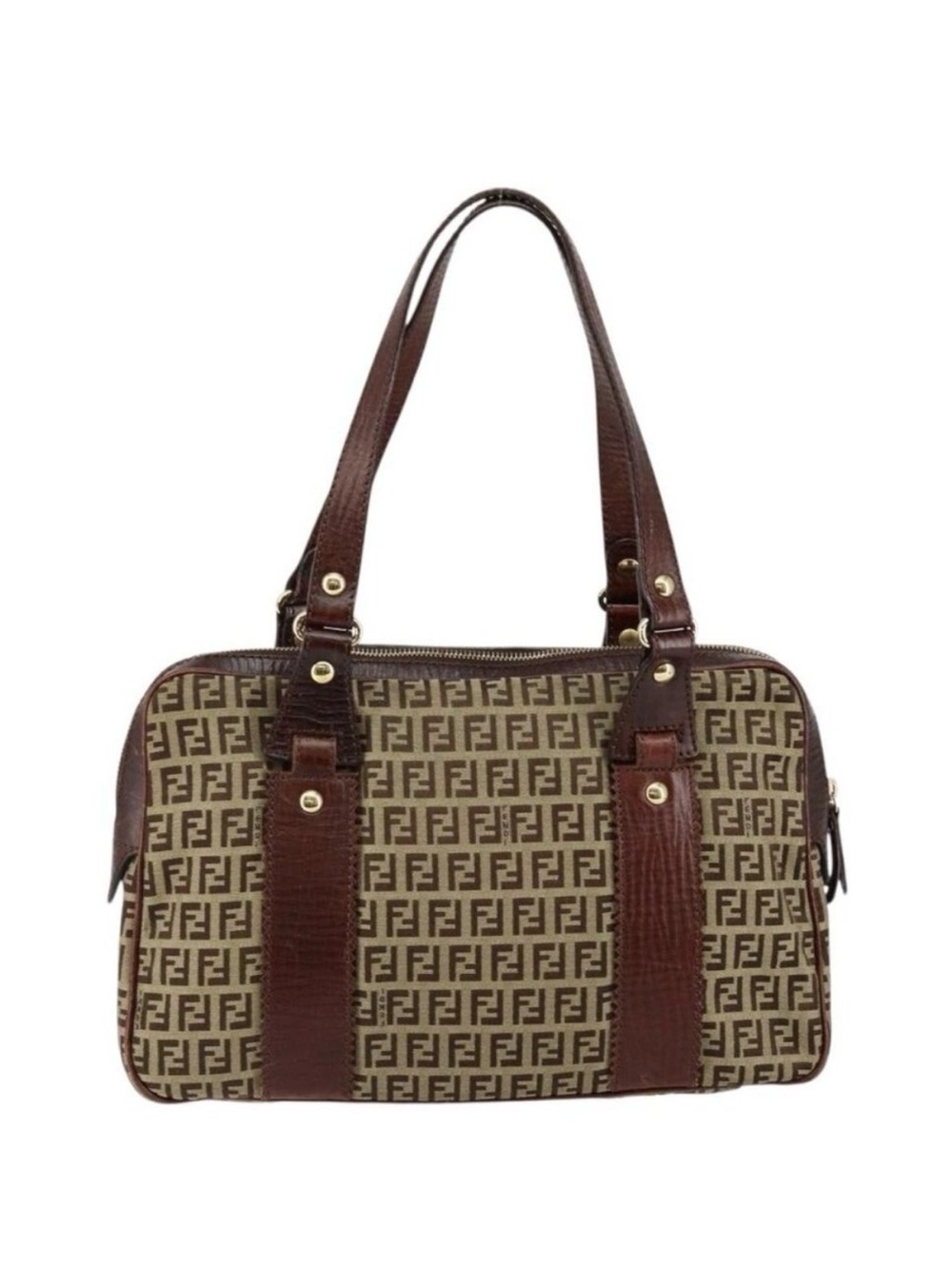 Fendi Zucchino Brown FF Logo Canvas Shoulder Bag with Dark Brown Leather Trim SM